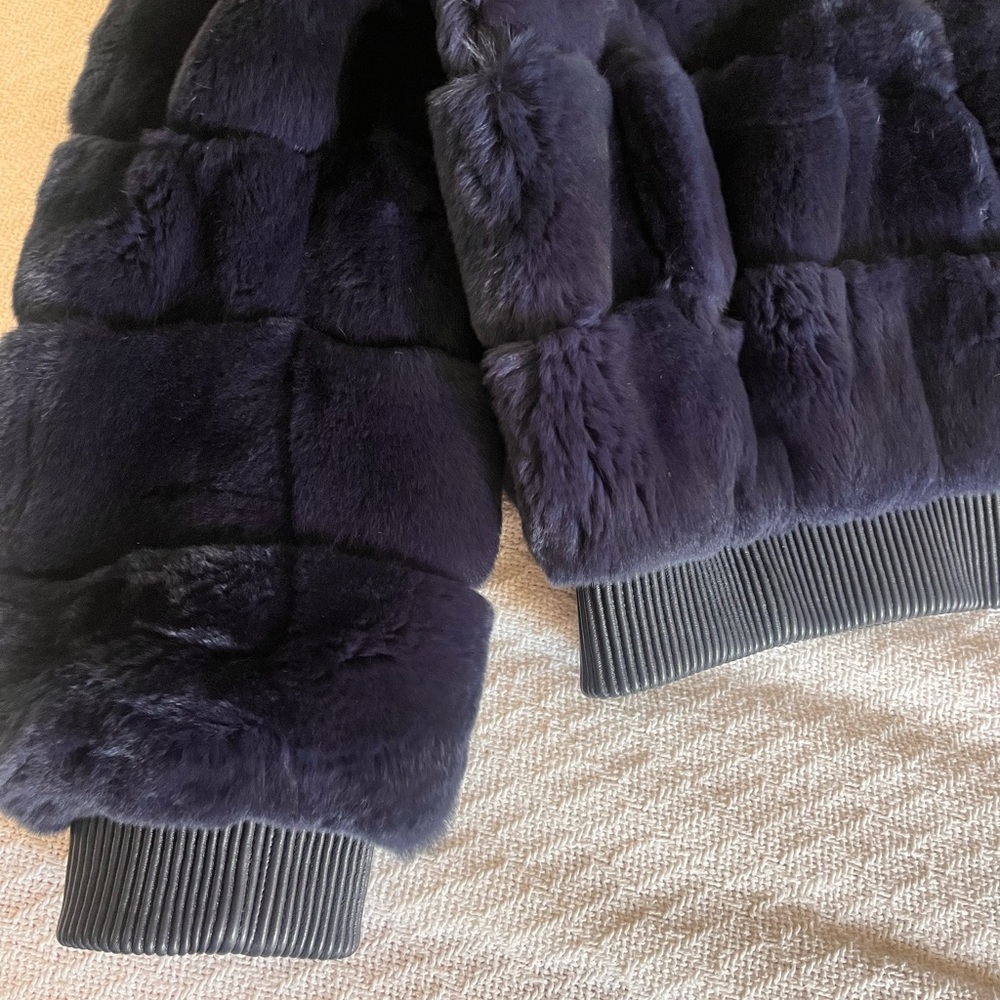 Navy Rabbit Fur Bomber Jacket - Picture 7 of 7